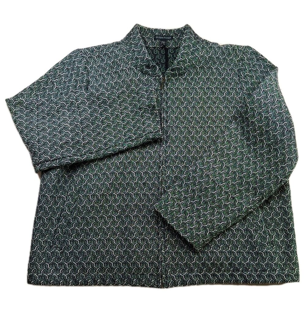 Eileen Fisher Full Zip Jacket Sz L Black White Jacquard Cotton Blend Old Money
